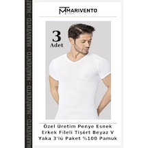 Marivento Özel Üretim Penye Esnek Erkek Fileli Tişört Beyaz V Yaka 3'lü Paket %100 Pamuk