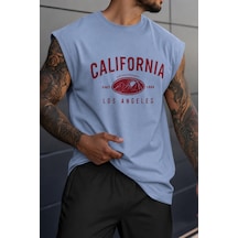 Cool Tarz Erkek Oversize Kolsuz Tişört %100 Pamuk California Baskılı Bisiklet Yaka Atlet Mavi Mavi