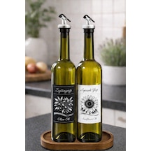 Ahşap Standlı Zeytinyağı Ve Ayçiçek Yağı Şişesi Seti, Etiketli Ve Gri Yağdanlıklı, 750 Ml, 2 Adet