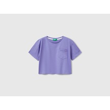 United Colors Of Benetton Benetton Kız Çocuk Arkası Baskılı Yama Cepli T-shirt Mor