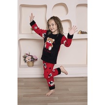 Yeni Sezon Sonbahar / Kış Kız Çocuk Ayıcık Desenli Polar Pijama Takımı 4940 - Siyah
