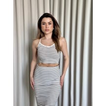 Kazax Çizgili Etek Crop Takım Beyaz