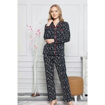 Alimer Lacivert Kadın Önden Düğmeli Uzun Kollu Pijama Takım EDY2536UK-L Lacivert