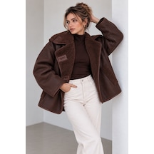 Lima Kahve Kadın Oversize Peluş Detaylı Süet Mont Kürk Yakalı Kışlık Ceket