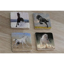 Koşan Atlar Doğal Taş Bardak Altlığı 4'lü Set - Natural Stone Coasters-174216 Çok Renkli