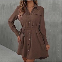 Novahub Erken Sonbahar Kadın Elbise, Uzun Kollu Tek Göğüslü Bağcıklı Düz Renk, Kahve Renkli, Viskoz Kumaş, Uzun Kollu, Diz Boyu, Gündelik Stil, Aile Tatil İstihdam Kahve