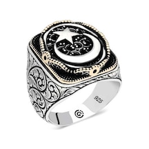 Gümüş Ay Yıldız Oval Erkek Yüzük T6472 Gümüş