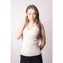 Kadın Likralı Esnek Triko V Yaka Kaşkorse Body Bluz-taş Taş