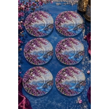 6 Lı Cam Çay Tabağı İstanbul Boğazı Ve Erguvan Çiçekli 12 Cm 6 Adet Çay Tabak Pembe