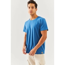 Erkek Oversize Rahat %100 Pamuklu Penye Bisiklet Yaka Kısa Kol Basic T-shirt Classic Collection Mavi