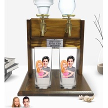 Kişiye Özel Sevgililer Tasarımlı İkili Rakı Bardağı Ve Çift Musluklu Doğal Ahşap Rakı Standı-86