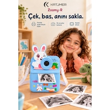 Kj/zm-003 Zoomy-r Tavşan Figürlü Anında Baskılı Çocuk Fotoğraf Makinesi, Çift Kamera, 2,4 İnç Ekran, 1080p Video, 3+ Yaş Mavi
