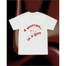 Y2k Unisex Oversize Woman Is A Gun Tshirt Beyaz