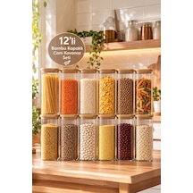 Porsima 7-4 Bambu Vakumlu Kapaklı Kare Borsilikat Cam 12li Kavanoz Seti Saklama Kabı 1900ml 9,5x27cm
