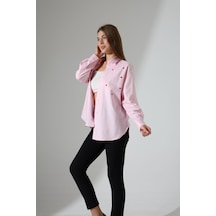 Corradeo Giyim Yeni Sezon Oversize Çizgili Poplin Kumaş Kalp Nakış Detaylı Apoletli Tasarım Gömlek Pembe
