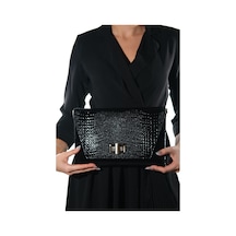 Maorı Siyah Baskı Rugan Kadın Clutch Çanta