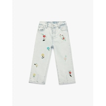 Koton Çiçek İşlemeli Pamuklu Balon Fit Denim Pantolon Lıght Indıgo 6smg40016ad Açık Mavi