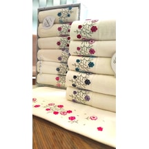 6.lı Set Annem 50x90 Cm. Özel Tafting Nakışlı Kadife Doku Çeyizlik Lüks Havlu Seti Beyaz krem
