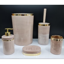 5 Parça Akrilik Yuvarlak Banyo Seti Somon Mermer Gold Kromaj Somon