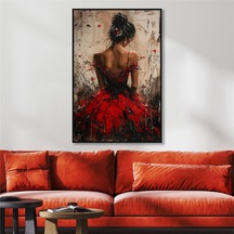 Yağlı Boya Dokulu Tablo Modern Kırmızı Elbiseli Sırtı Dönük Kadın Siyah Çerçeveli U05009-178961