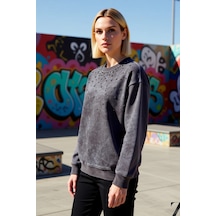 Benerly Kadın Bisiklet Yaka Düşük Kol Eskitme Efektli Regular Sweatshirt Antrasit