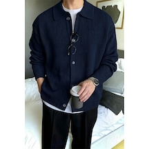 Serablanka Erkek Polo Yaka Oversize Triko Hırka Lacivert