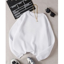 Baskısız Düz Sweatshirt - Beyaz Kalın Kışlık Şardonlu Uzun Kol Oversize Bisiklet Yaka Beyaz