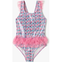 Koton Mayo Tül Detaylı Deniz Kızı Baskılı Pembe Desenli 4skg30026mm Pembe