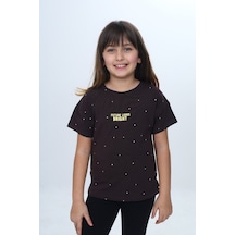 Toontoy Kids Toontoy Kız Çocuk Bisiklet Yaka Düşük Omuz Kısa Kollu Baskılı Tişört 24983 Kahverengi
