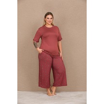 Aria's Closet Büyükbeden Viskon Şık Tasarım Kelebek Desenli Bordo Kısa Kol Kapr