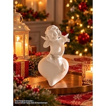 Dekoratif Melek Biblo Kalp Üzerinde Oturan Beyaz Melek Figürlü Hediyelik Süs 15x9 Cm