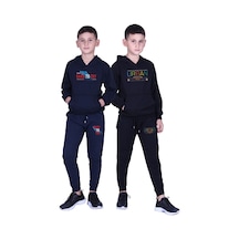 Fyk Kids Erkek Çocuk Baskılı Kanguru Cepli Kapüşonlu 2li Eşofman Takımı Lacivert - Siyah