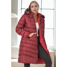 Z9690 Dewberry Kürklü Kapşonlu Bayan Kaban-bordo Bordo
