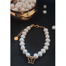 24k Altın Kaplama Gerçek İnci Kelebek Detaylı Trend Bileklik Beya Gold