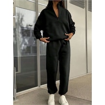 Basic Düz Fermuarlı Eşofman Takımı Sweatshirt Jogger - Siyah Oversize Şardonlu Dik Yaka Siyah Basic Düz Fermuarlı Eşofman Takımı Sweatshirt Jogger - Siyah Oversize Şardonlu Dik Yaka Siyah
