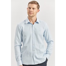 İmza Koyu Mavi Uzun Kol Kendinden Desenli Armürlü 032 Sert Yaka Casual Slim Fit Gömlek 1004240249 Koyu Mavi