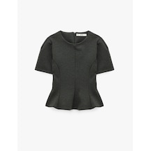 Koton Slim Fi Dikiş Detaylı Bisiklet Yaka Kısa Kollu Peplum Tişört Antrasit Melange 7wal10227ık Antrasit Melanj