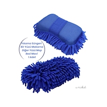 Premium Mikrofiber Araba Yıkama Süngeri Bir Yüzü Makarna, Diğer Yüzü Mop Bezi Mavi 1 Adet