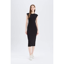 DeFacto Bodycon Vücudu Saran Bisiklet Yaka Ribana Kısa Kollu Midi Elbise D5220AX25SPBK81