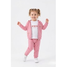 Toontoy Kids Toontoy Kız Çocuk 3'lü Eşofman Takımı Uzun Kollu Bisiklet Yaka Nakışlı T-shirt - Kapüşonlu Fermuarlı Hırka- Beli Paçası Lastikli Eşofman Altı 25041 Gülkurusu