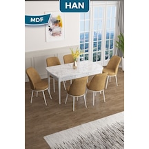 Canisa Han Serisi, 70x114 Açılabilir Mdf Masa Takımı, Beyaz Mermer Desen Masa 4 Cappucino Sandalye Masa Beyaz Mermer Sandalyeler Cappucino