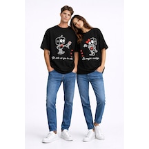 Sevgili Kombini Robot Baskılı Çift Tişört Oversize Unisex Partner Siyah