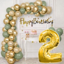 2 Yaş Pompa Hediyeli Doğum Günü Seti Gold Banner Krom Gold Küf Yeşili Kum Beji Balonlar Gold Folyo Rakam Çok Renkli