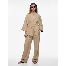 Koton Geniş Uzun Kollu Cepli Beli Bağcıklı Oversize Kimono Ceket Vizon 6sak50080pw