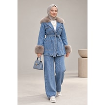 Hb Harma Time Butik Kadın Kürk Detaylı Kuşaklı Cepli Açık Kot Mavi Tunik Pantolon İkili Takım Açık Mavi Açık Mavi