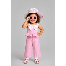 Babyden's Kız Bebek Şapkalı Yazlık Takım 3'lü Doğum Günü Kıyafeti Çizgili Fırfırlı Bluz Pantolon Kombini 9-36 Ay Pembe