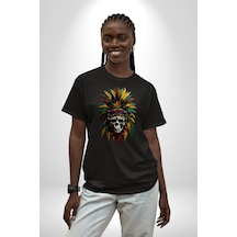 Kurukafa İskelet Kızılderili Tüy Kartal Şefi Pamuklu Bisiklet Yaka Unisex Oversize Boyfriend Dijital Baskılı Siyah T-shirt Siyah