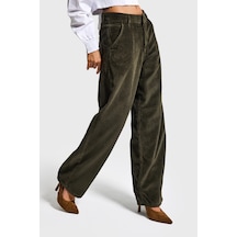 Itsbasic Kadın Haki Juniper 26w5-15 Skater Fit Fitilli Velvet Kadife Kumaş Pantolon