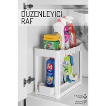 İki Katlı Fonksiyonel Düzenleyici Dolap, Evye Altı, Tezgah Üstü Beyaz Beyaz