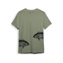 Sanatsal Balık Desenli Sade Ve Modern Tasarım Dijital Baskılı %100 Pamuk Regular Fit Unisex T-shirt Haki